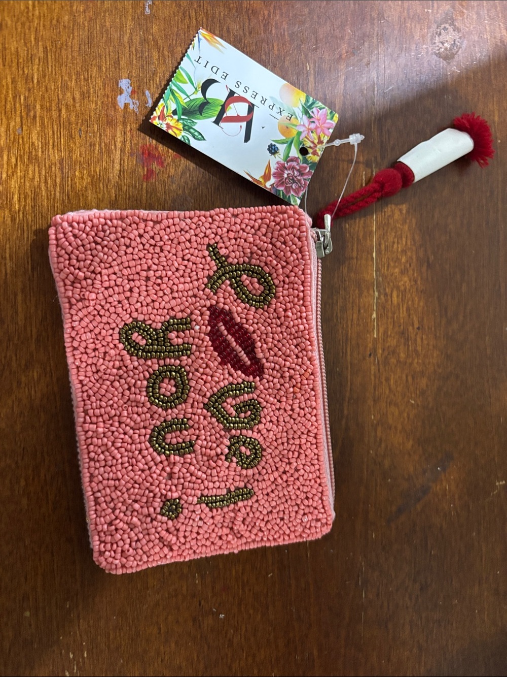 Express Edit Pink Beaded LOVE YOU Wristlet Pouch with Red Tassel
